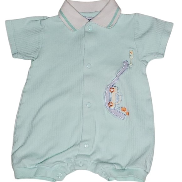 Vintage Nannette Romper Short-sleeve Mint Green Car Baby Boys 6-9 Months - Picture 1 of 4